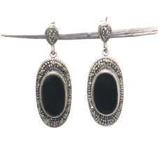 Earrings Silver 925 Sterling Natural Marcasite & Black Onyx Gem Stone Handmade Women Gift E342 